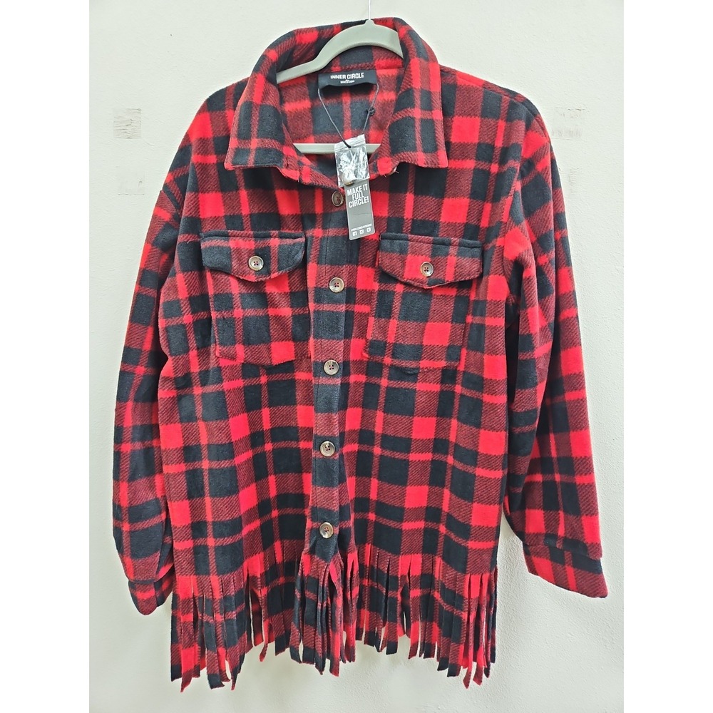 Plaid Fringe Oversized Flannel Shacket Lightweight Jacket Xl Women's